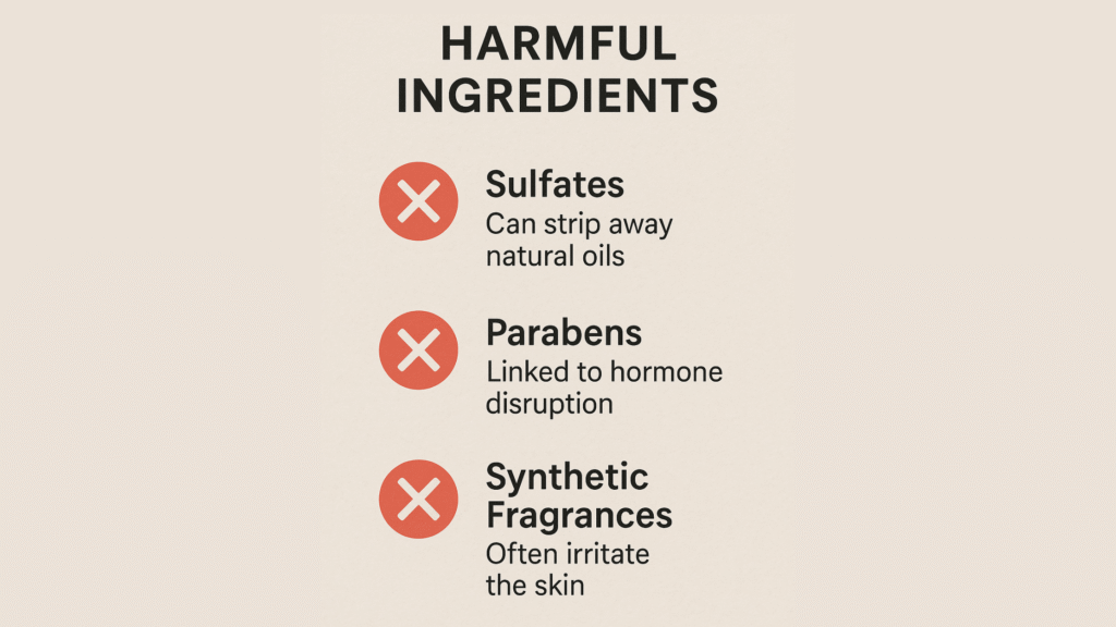 Close-up of a skincare product label highlighting harmful ingredients like sulfates and parabens with safe, natural alternatives clearly marked.