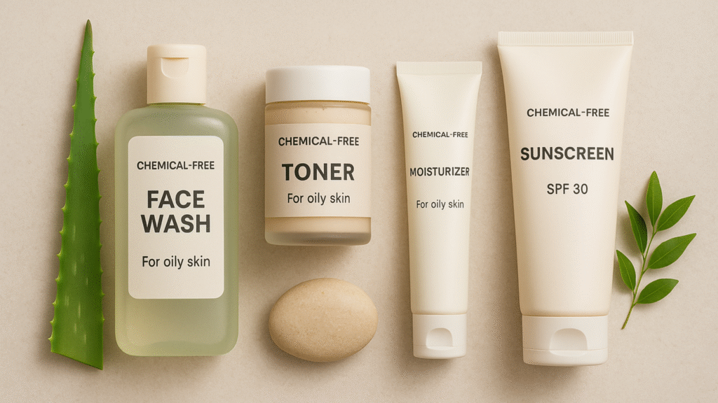 Visual guide of an oily skin routine featuring chemical-free products including cleanser, toner, moisturizer, and sunscreen with natural props like green leaves and stones.