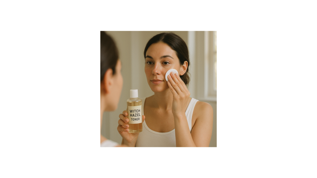 Woman using witch hazel toner with a cotton pad for clear, refreshed skin

