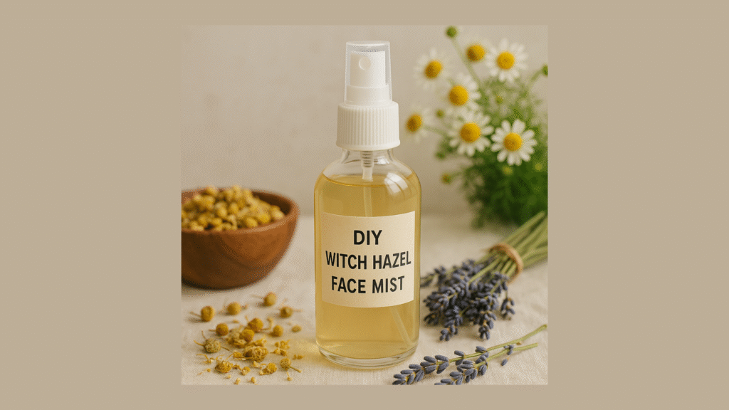 Homemade witch hazel face mist with natural ingredients for skincare